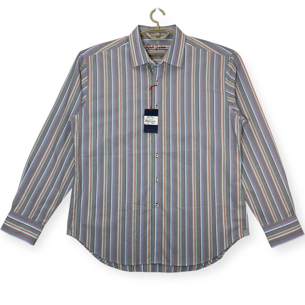 Robert Graham Striped Button‎ Down Dress Shirt Multi Color Pattern 2XL/2TG